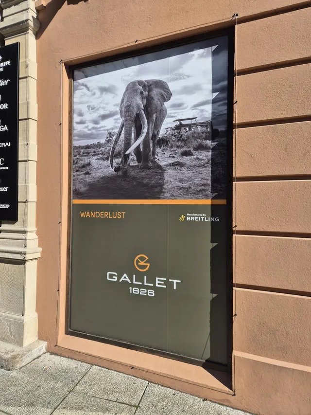 Vindusdekor hos Urmaker Bjerke med Gallet-kampanje i printet vinyl