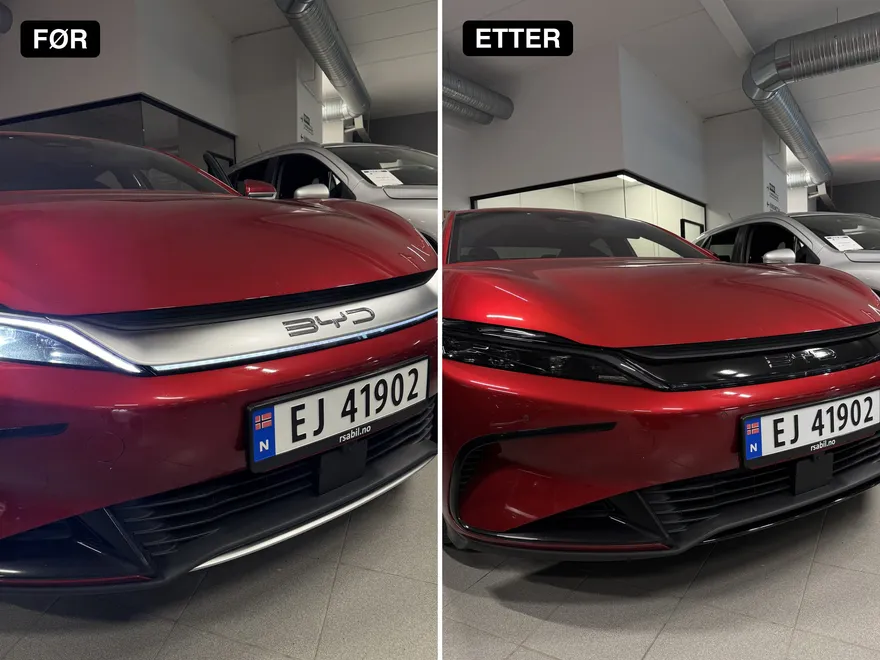Før og etter chrome delete på BYD Han – kromlist i fronten til venstre, blank sort til høyre